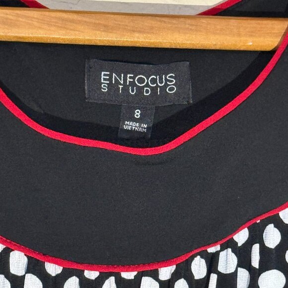 Enfocus Studio Black/White Polka Dot Sleeveless A-Line Dress Red Trim Size 8 - Picture 7 of 7